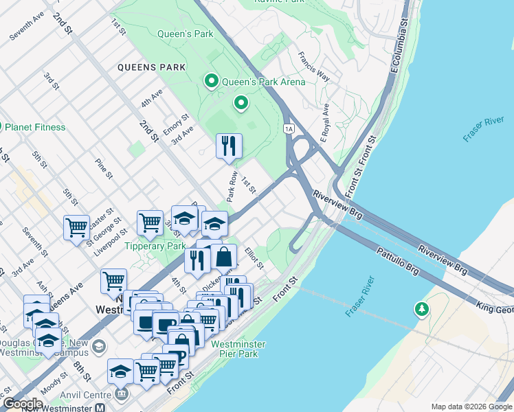 map of restaurants, bars, coffee shops, grocery stores, and more near 82 First Street in New Westminster