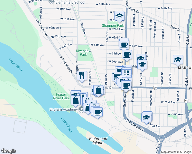 map of restaurants, bars, coffee shops, grocery stores, and more near 1649 West 69th Avenue in Vancouver