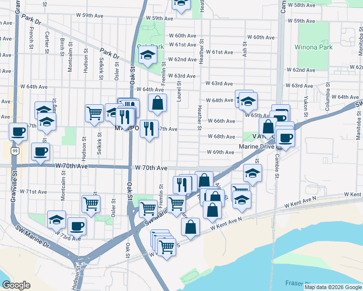 map of restaurants, bars, coffee shops, grocery stores, and more near 848 West 68th Avenue in Vancouver