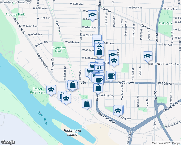 map of restaurants, bars, coffee shops, grocery stores, and more near 8480 Cornish Street in Vancouver