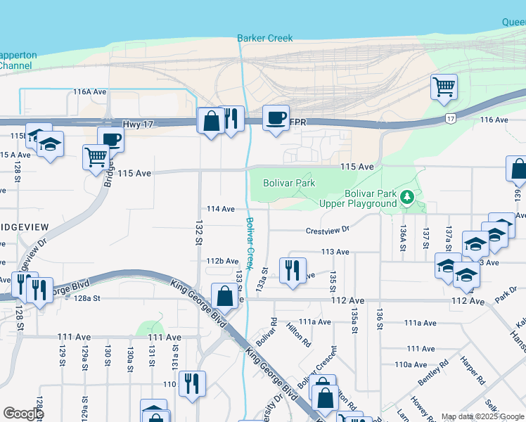 map of restaurants, bars, coffee shops, grocery stores, and more near 11375 133A Street in Surrey