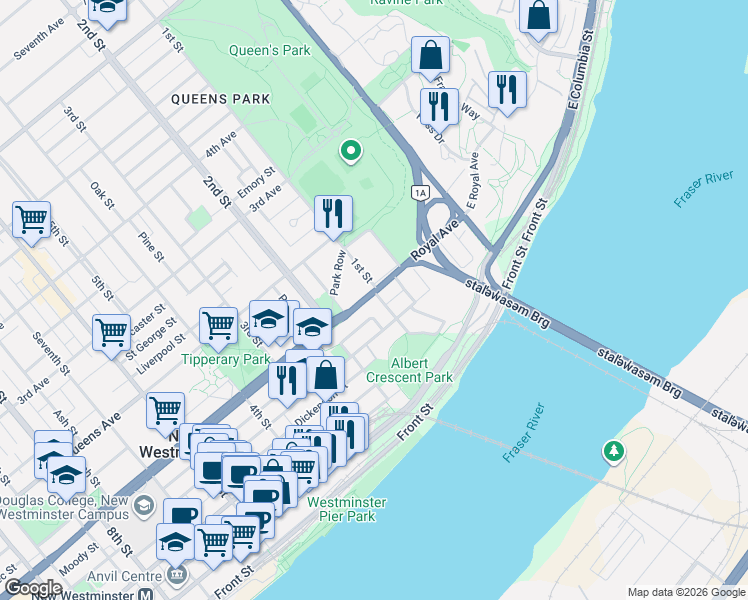 map of restaurants, bars, coffee shops, grocery stores, and more near 82 1st Street in New Westminster