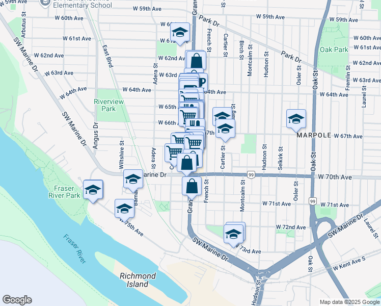 map of restaurants, bars, coffee shops, grocery stores, and more near 8555 Granville Street in Vancouver