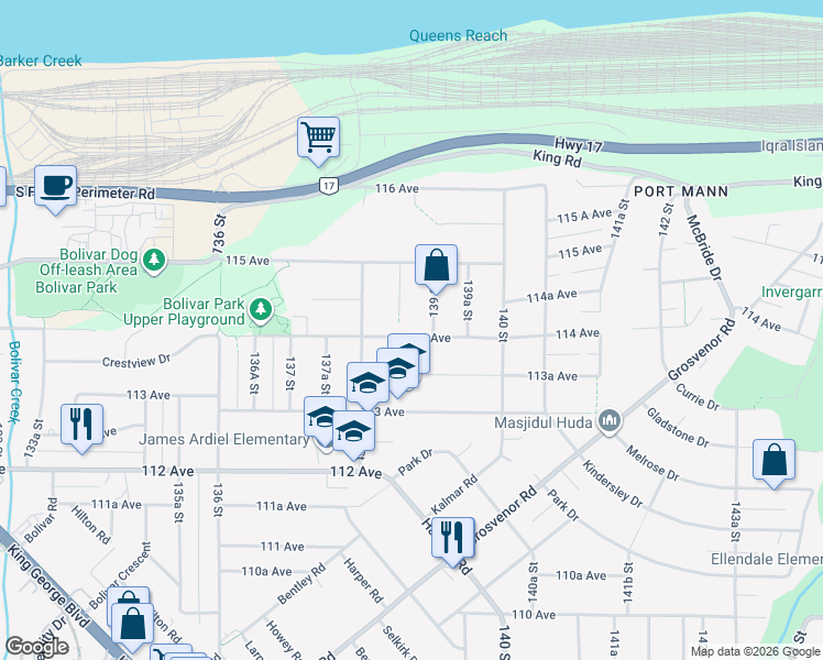 map of restaurants, bars, coffee shops, grocery stores, and more near 13875 114 Avenue in Surrey