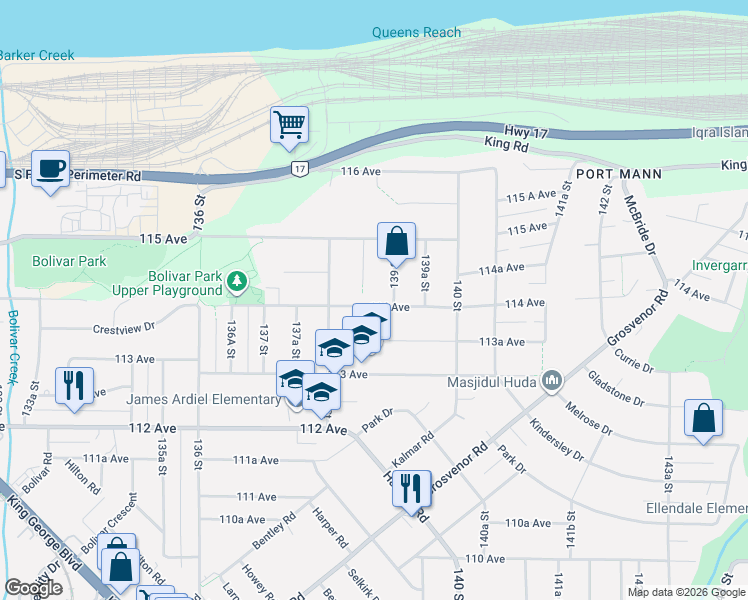 map of restaurants, bars, coffee shops, grocery stores, and more near 13875 114 Avenue in Surrey
