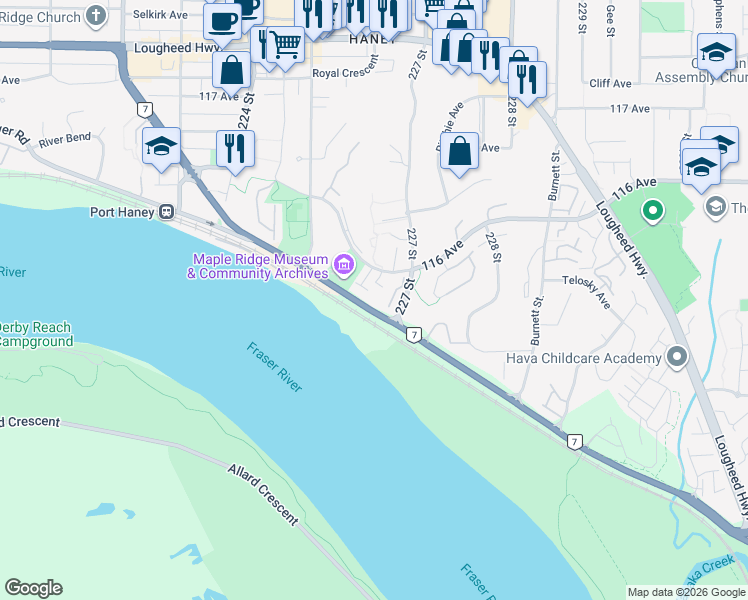 map of restaurants, bars, coffee shops, grocery stores, and more near 22590 116 Avenue in Maple Ridge