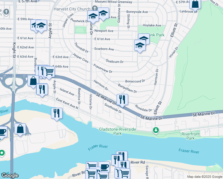 map of restaurants, bars, coffee shops, grocery stores, and more near 2125 Harrison Drive in Vancouver