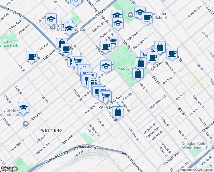 map of restaurants, bars, coffee shops, grocery stores, and more near 1038 7th Avenue in New Westminster