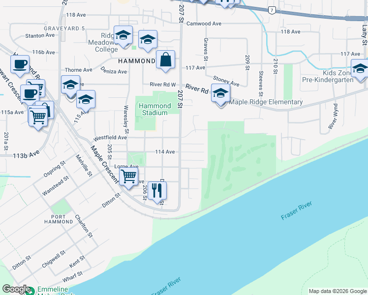 map of restaurants, bars, coffee shops, grocery stores, and more near 20713 Golf Lane in Maple Ridge