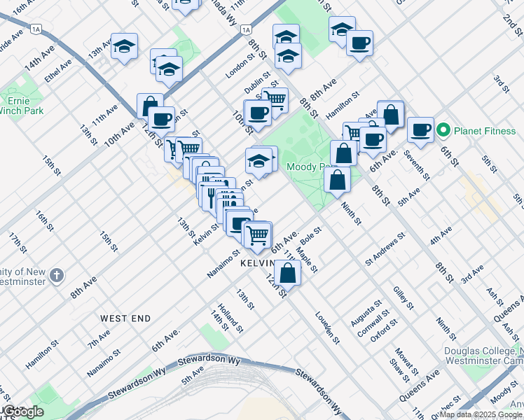 map of restaurants, bars, coffee shops, grocery stores, and more near 1038 7th Avenue in New Westminster