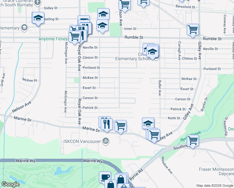 map of restaurants, bars, coffee shops, grocery stores, and more near 8161 Macpherson Avenue in Burnaby