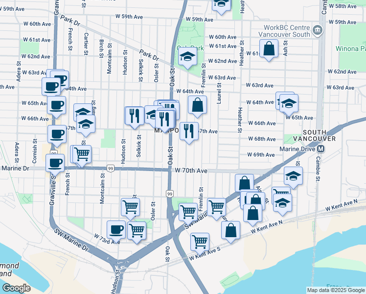 map of restaurants, bars, coffee shops, grocery stores, and more near 8431 Shaughnessy Street in Vancouver