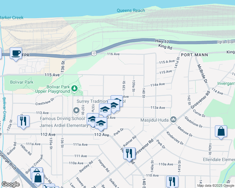 map of restaurants, bars, coffee shops, grocery stores, and more near 13875 114 Avenue in Surrey