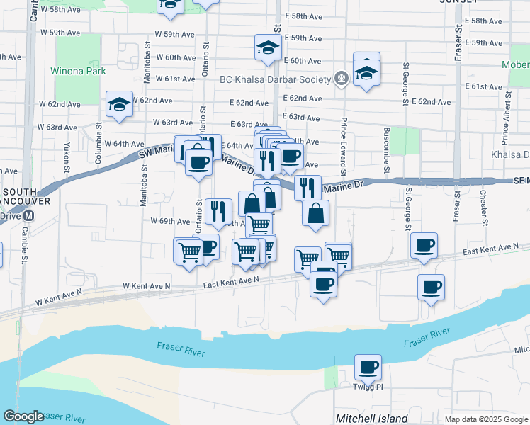 map of restaurants, bars, coffee shops, grocery stores, and more near 239 Southeast Marine Drive in Vancouver