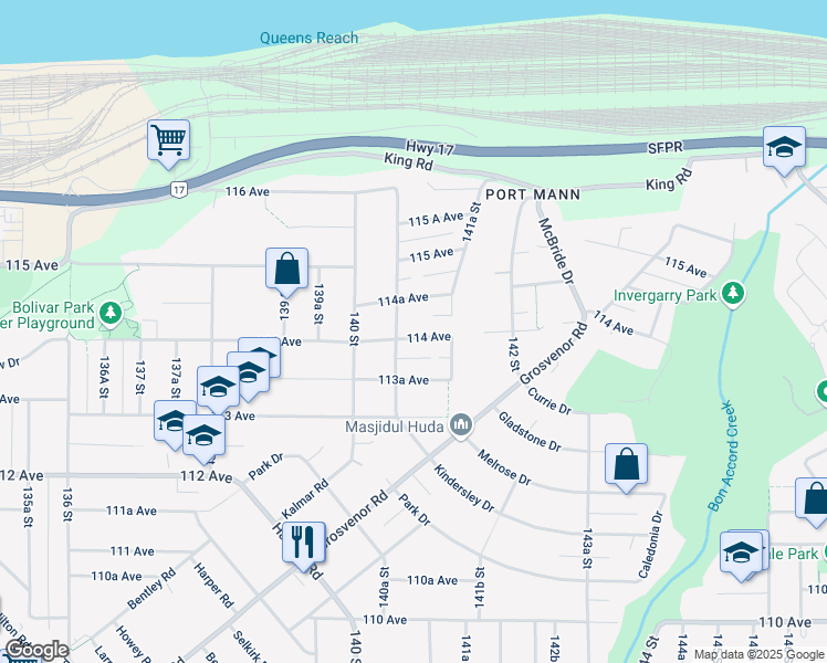 map of restaurants, bars, coffee shops, grocery stores, and more near 14086 114A Avenue in Surrey