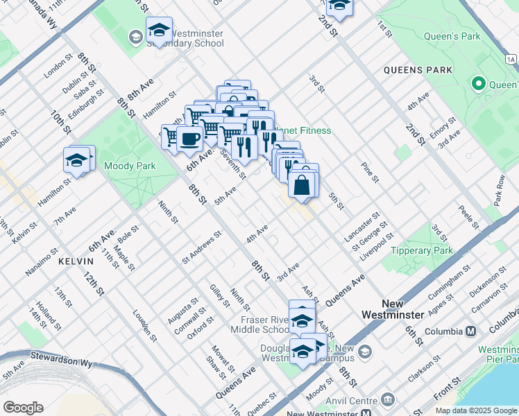 map of restaurants, bars, coffee shops, grocery stores, and more near in New Westminster