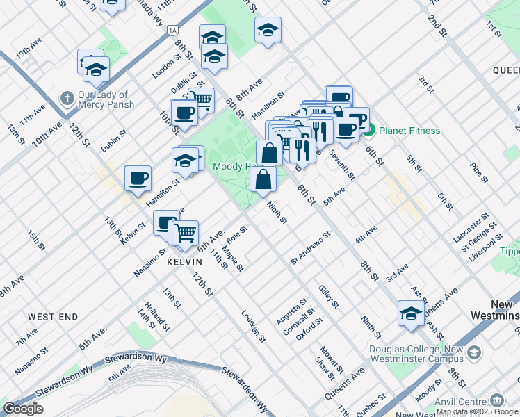 map of restaurants, bars, coffee shops, grocery stores, and more near 600 Eighth Street in New Westminster