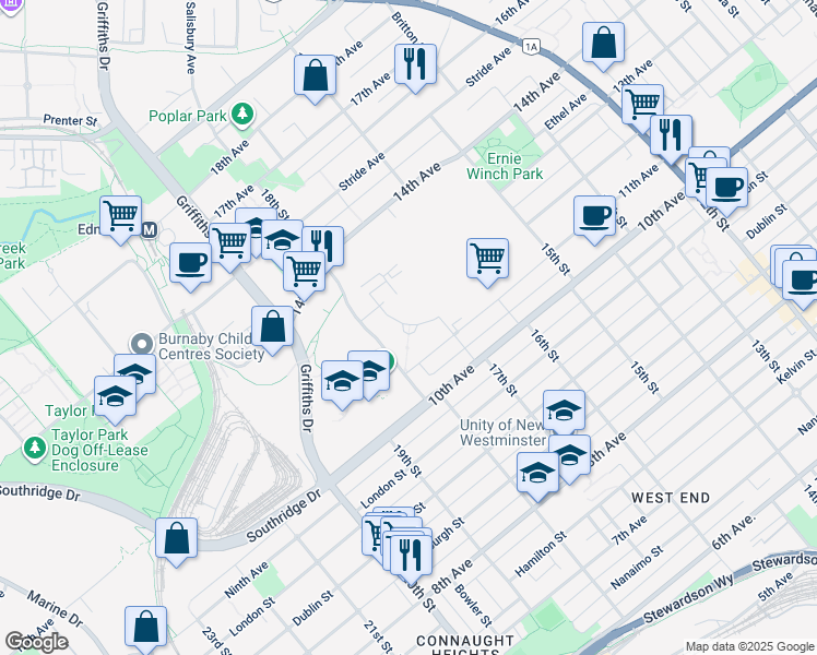 map of restaurants, bars, coffee shops, grocery stores, and more near in Burnaby