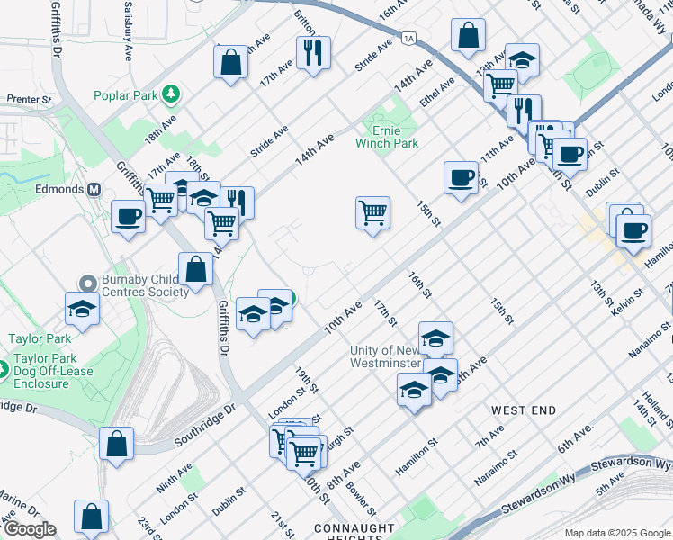 map of restaurants, bars, coffee shops, grocery stores, and more near 7799 17th Street in Burnaby