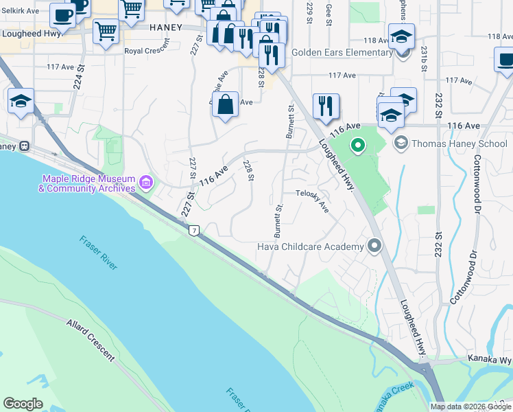 map of restaurants, bars, coffee shops, grocery stores, and more near 11480 228 Street in Maple Ridge