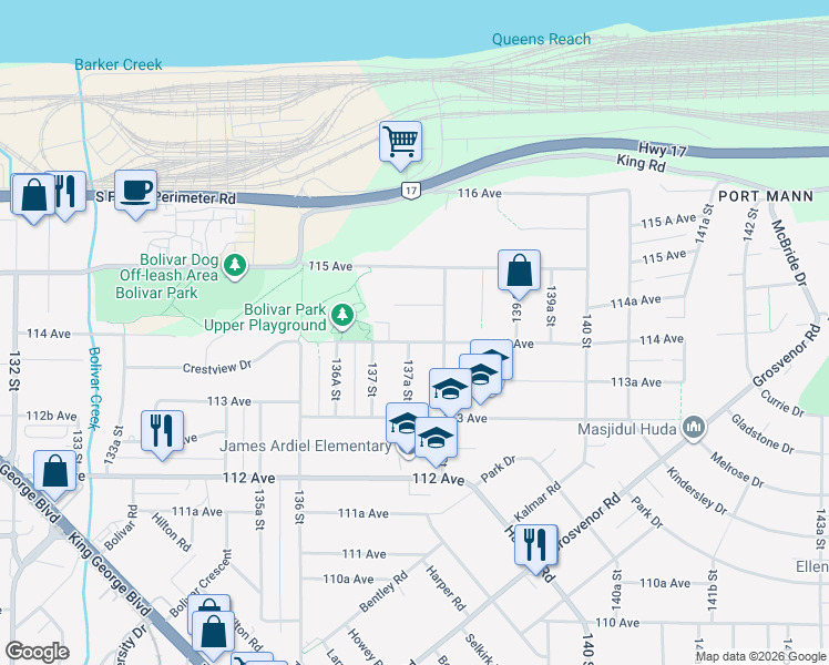 map of restaurants, bars, coffee shops, grocery stores, and more near 13753 114 Avenue in Surrey