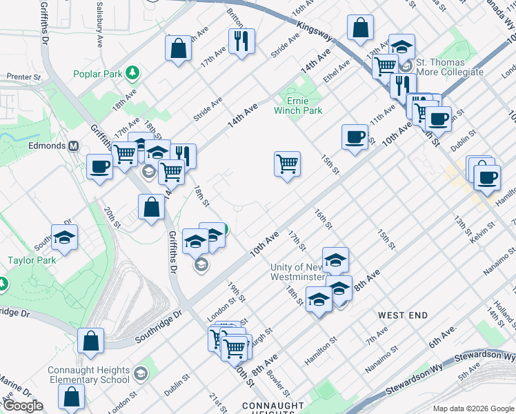 map of restaurants, bars, coffee shops, grocery stores, and more near 7799 17th Street in Burnaby