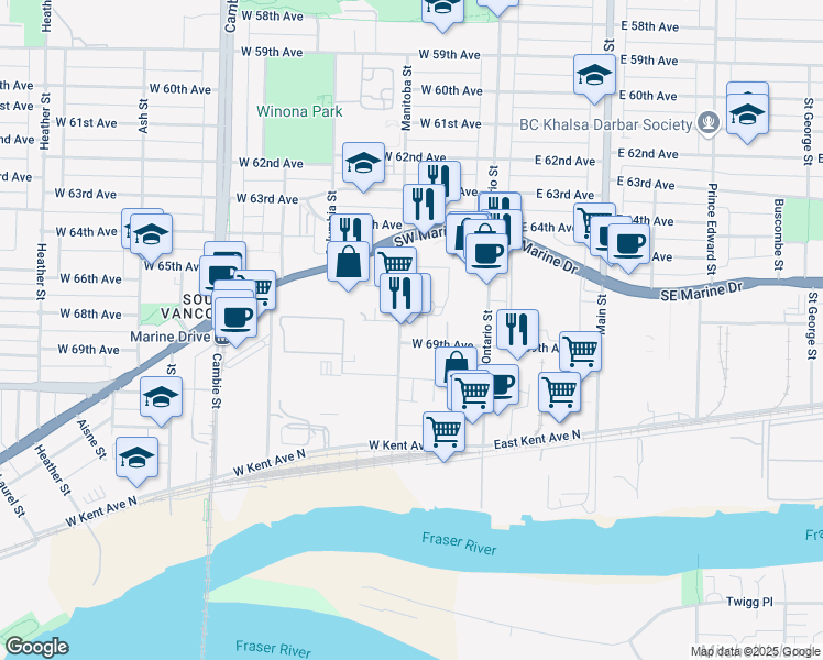 map of restaurants, bars, coffee shops, grocery stores, and more near in Vancouver