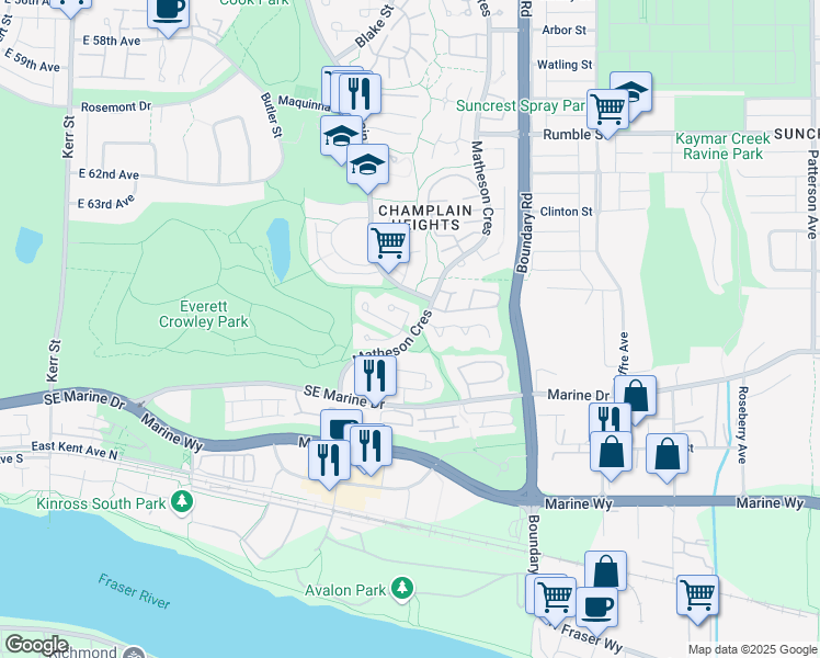 map of restaurants, bars, coffee shops, grocery stores, and more near 3456 Dartmoor Place in Vancouver