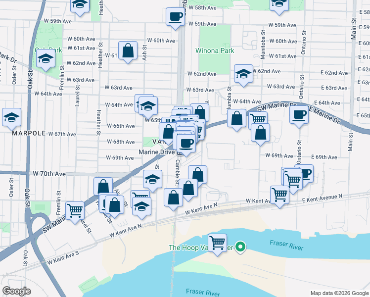 map of restaurants, bars, coffee shops, grocery stores, and more near 488 Southwest Marine Drive in Vancouver