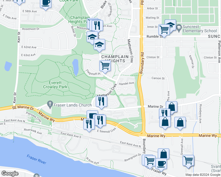 map of restaurants, bars, coffee shops, grocery stores, and more near 3456 Dartmoor Place in Vancouver