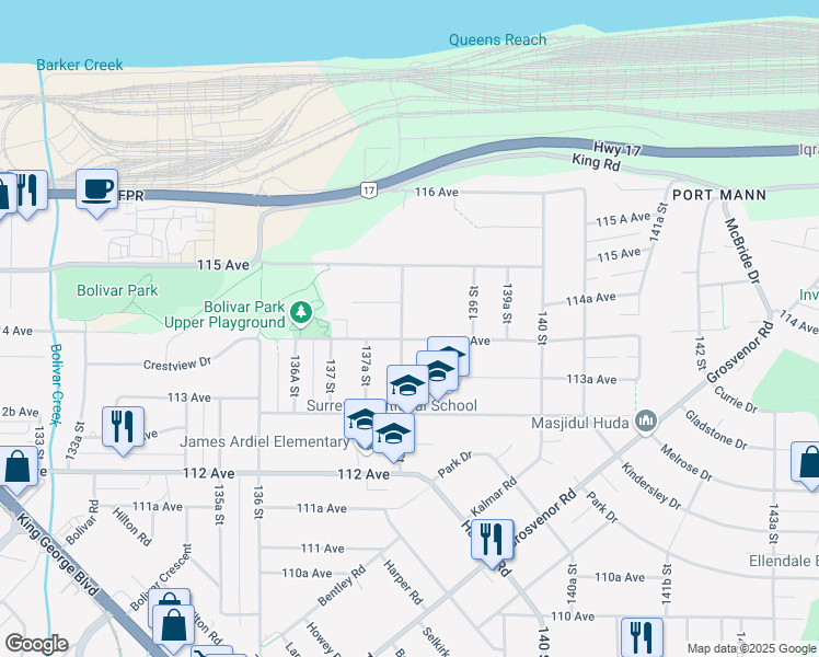 map of restaurants, bars, coffee shops, grocery stores, and more near 11416 138 Street in Surrey
