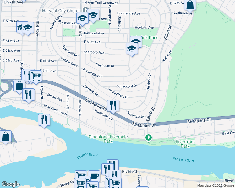 map of restaurants, bars, coffee shops, grocery stores, and more near Burquitlam Drive in Vancouver