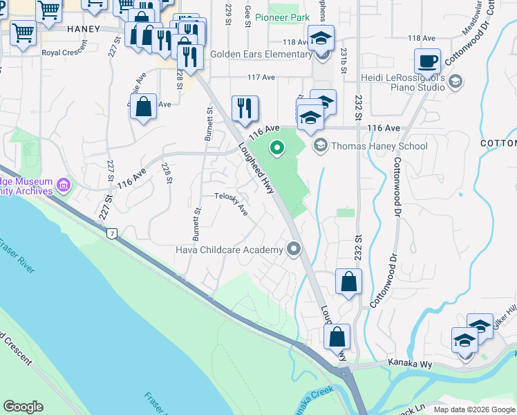 map of restaurants, bars, coffee shops, grocery stores, and more near 23005 Olund Crescent in Maple Ridge