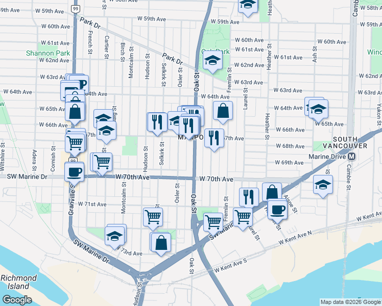 map of restaurants, bars, coffee shops, grocery stores, and more near 8433 Oak Street in Vancouver