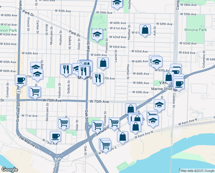 map of restaurants, bars, coffee shops, grocery stores, and more near 8412 Fremlin Street in Vancouver