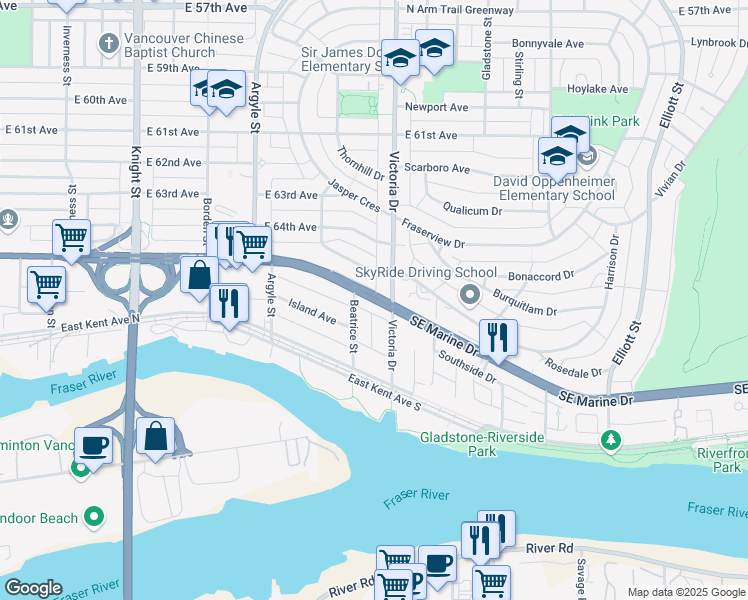 map of restaurants, bars, coffee shops, grocery stores, and more near 1930 Southeast Marine Drive in Vancouver