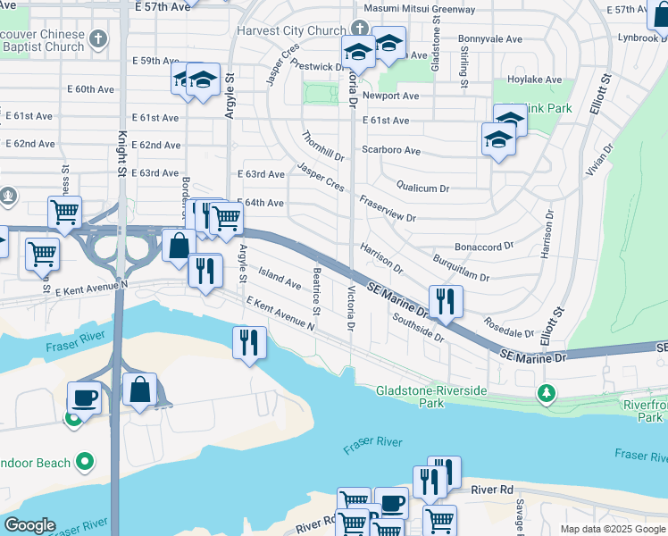map of restaurants, bars, coffee shops, grocery stores, and more near 1930 Southeast Marine Drive in Vancouver