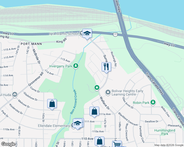 map of restaurants, bars, coffee shops, grocery stores, and more near 11411 Wellington Crescent in Surrey