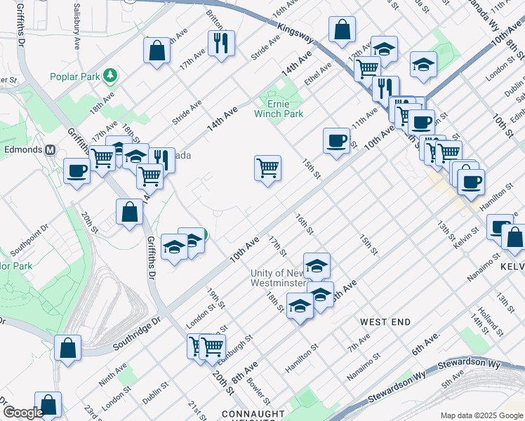 map of restaurants, bars, coffee shops, grocery stores, and more near 7174 11th Avenue in Burnaby