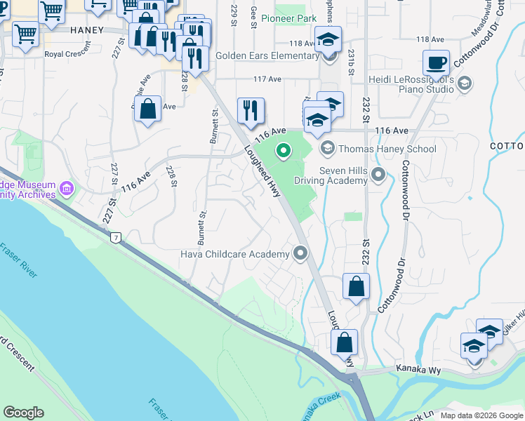 map of restaurants, bars, coffee shops, grocery stores, and more near 22865 Telosky Avenue in Maple Ridge