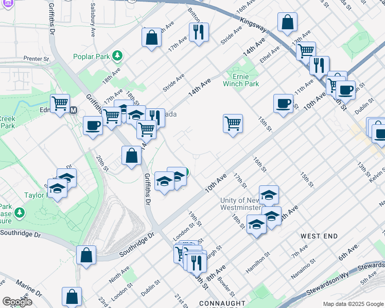 map of restaurants, bars, coffee shops, grocery stores, and more near 7693 Park Crescent in Burnaby
