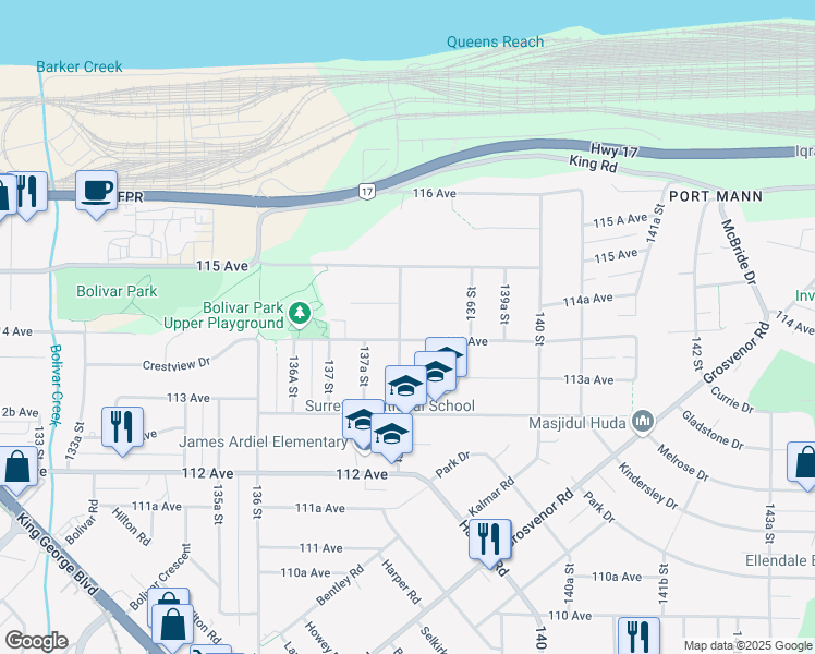 map of restaurants, bars, coffee shops, grocery stores, and more near 11420 138 Street in Surrey