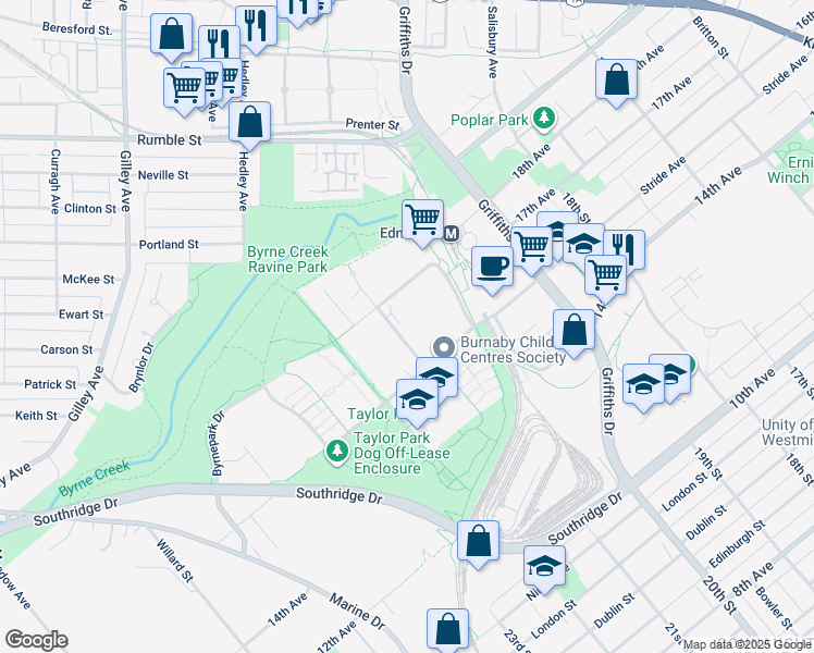 map of restaurants, bars, coffee shops, grocery stores, and more near 7388 Sandborne Avenue in Burnaby