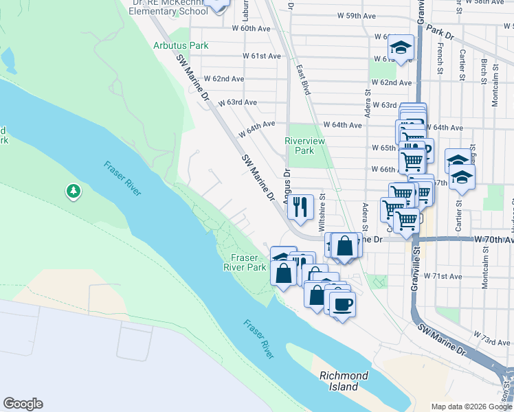 map of restaurants, bars, coffee shops, grocery stores, and more near 1850 Southwest Marine Drive in Vancouver