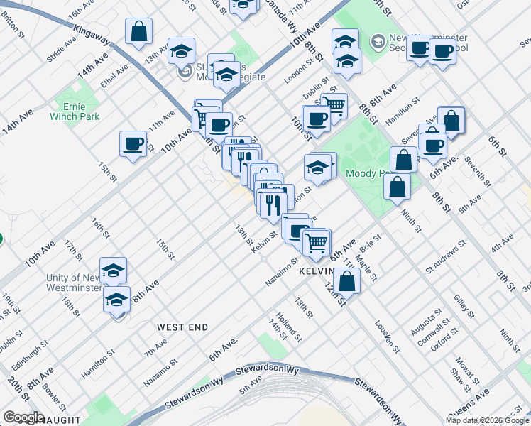 map of restaurants, bars, coffee shops, grocery stores, and more near 726 12th Street in New Westminster