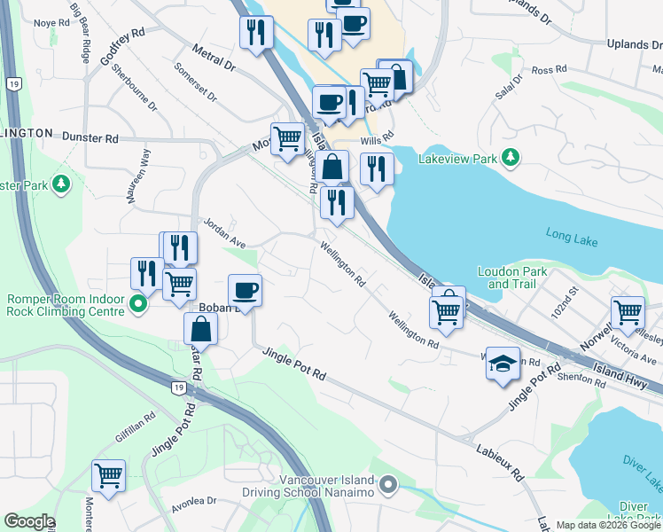 map of restaurants, bars, coffee shops, grocery stores, and more near 4649 Wellington Road in Nanaimo