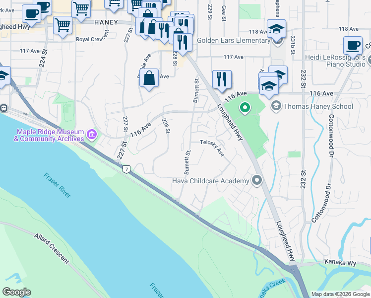 map of restaurants, bars, coffee shops, grocery stores, and more near 11464 Fisher Street in Maple Ridge