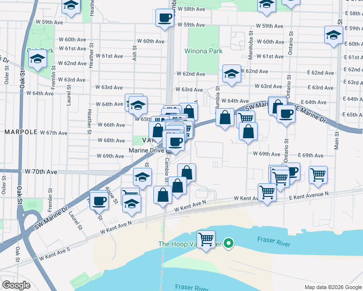 map of restaurants, bars, coffee shops, grocery stores, and more near 488 Southwest Marine Drive in Vancouver