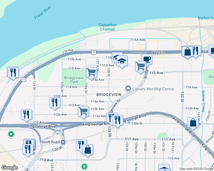 map of restaurants, bars, coffee shops, grocery stores, and more near 11409 128 Street in Surrey