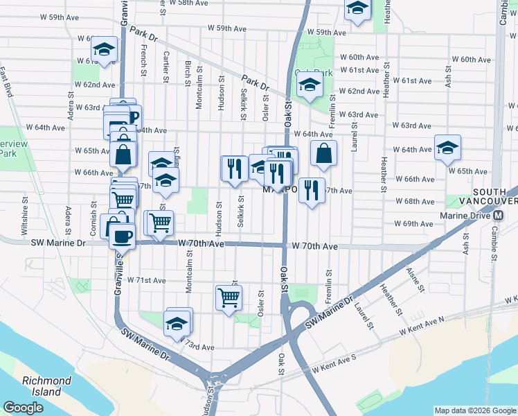map of restaurants, bars, coffee shops, grocery stores, and more near 8413 Osler Street in Vancouver